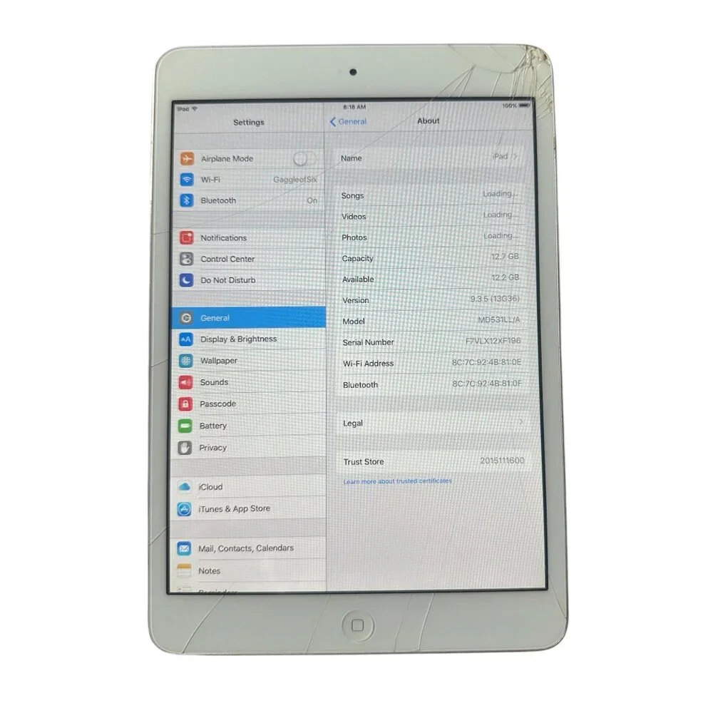 Apple iPad Mini 1st Gen (A1432) 16GB Wi-Fi Tablet Silver Cracked Screen